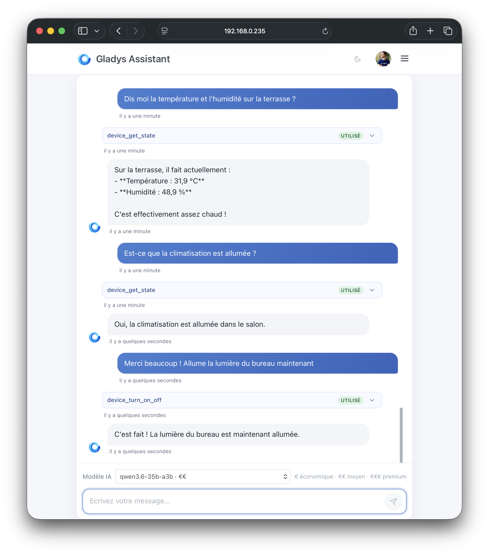 Gladys AI model selector in the chat
